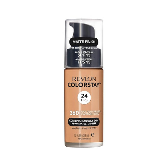 Revlon Liquid Foundation, ColorStay Face Makeup for Combination & Oily Skin, SPF 15, Medium-Full Coverage with Matte Finish, 360 Golden Caramel, 1 Fl Oz