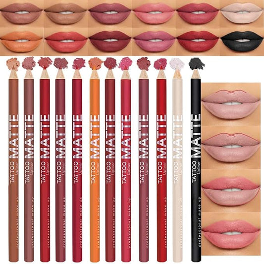 12 Pcs Natural Nude Brown Beige Colors Lip Liner Lipstick Pencils Set for Daily Makeup,Easy to Apply & Remove,Waterproof (set11)