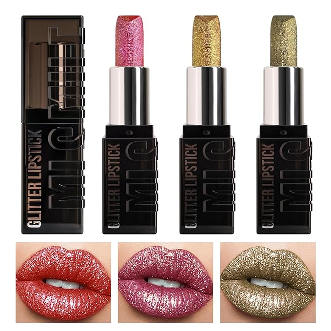 3PCS Glitter Lipstick Sets for Women,Women's Diamond Shiny Matte Lip Gloss,Long Lasting Smudgeproof Non-Stick Lipstick,Lip Stick Lip Stain Makeup Gift Sets,Labiales mate 24 horas originale