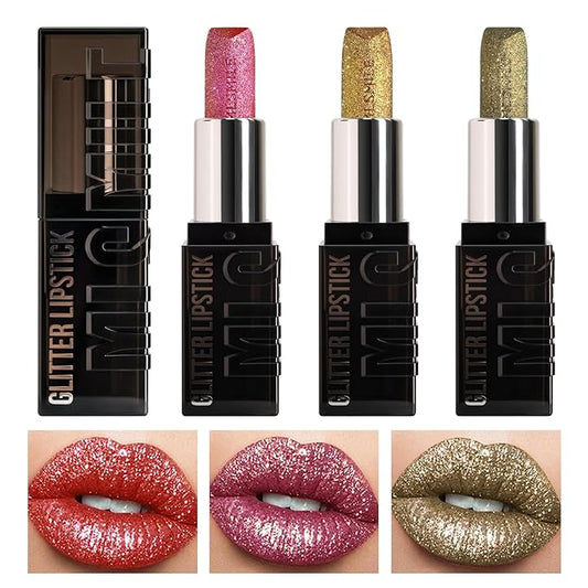 3PCS Glitter Lipstick Sets for Women,Women's Diamond Shiny Matte Lip Gloss,Long Lasting Smudgeproof Non-Stick Lipstick,Lip Stick Lip Stain Makeup Gift Sets,Labiales mate 24 horas originale