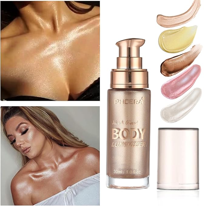 Shimmer Oil, Waterproof Long Lasting Moisturizing Bronze Luminizer Glow for Face & Body, Liquid Illuminator Highlighter 1oz/Jars, Makeup Brush Included (Rose Gold #01)