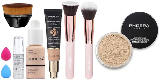 PHOERA Foundation, PHOERA CC+ Cream Color Correcting Anti Aging Hydrating Serum &SPF 25+, PHOERA Primer, PHOERA Foundation Face Powder, Soft Focus Setting Powder
