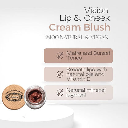 2-in-1 Cream Cheek Blush + Lip Color | Natural Mineral pigment | Soft Lips with natural oils and Vitamin E | 100% Plant ingredients, Vegan (Sunset Tones/Matte-Vision, 0.25fl oz)