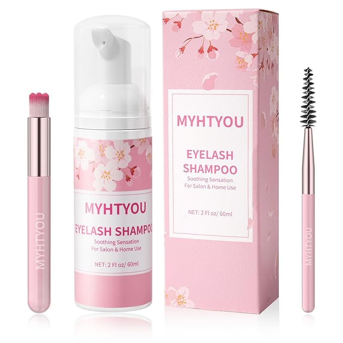 Eyelash Extension Cleanser, BREYLEE Upgraded Eyelash Extension Shampoo 60ML+Mascara Wand+Brush Eyelash Foam Cleanser For Extensions and Natural Lashes