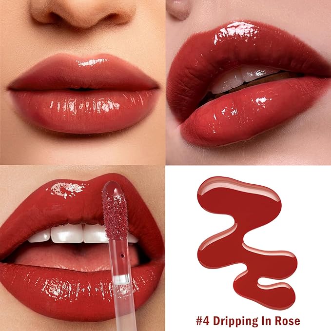 LIP VB Hydrating Lip Gloss Stain - 12HR Glossy Plump & Waterproof Moisture Lock, Non-Sticky Lip Treatment for Dry Lips Revival, Daily Wear & Night Care (Dripping In Rose)