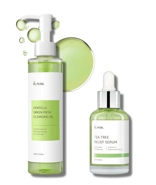 IUNIK Centella Asiatica Cleansing Oil Makeup Sunscreen Remover Mild Cleanser & Tea Tree Relief Facial Serum Non-sticky Non-greasy Gentle Soothing Moisturizing Calming Ampoule Korean Skincare