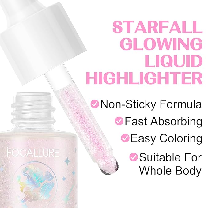 FOCALLURE Starfall Glowing Liquid Highlighter, Shimmering Body Oil, Non-Sticky Shimmer Liquid Luminizer, Non-Greasy, Face & Body Glitter Makeup for Costumes, Cosplay, Rave Festival, OMINOUS LIGHT