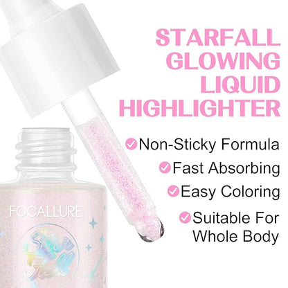 FOCALLURE Starfall Glowing Liquid Highlighter, Shimmering Body Oil, Non-Sticky Shimmer Liquid Luminizer, Non-Greasy, Face & Body Glitter Makeup for Costumes, Cosplay, Rave Festival, OMINOUS LIGHT