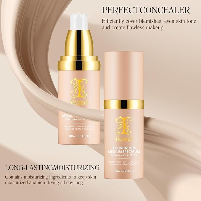 4 in 1 Foundation Liquid, Medium Coverage Foundation, Color Changing Foundation with SPF 50+, Longwearing & Waterproof