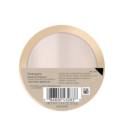 Neutrogena Mineral Sheers Lightweight Loose Powder Makeup Foundation with Vitamins A, C, & E, Sheer to Medium Buildable Coverage, Skin Tone Enhancer, Face Redness Reducer, Natural Beige 60,.19 oz