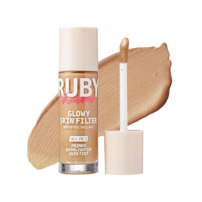 Ruby Kisses Glowy Skin Filter Foundation - All-in-1 Primer, Skin Tint & Highlighter, Hydrating Light Coverage with Squalane, Natural Dewy Finish, Luminous & Radiant Glow (Medium)