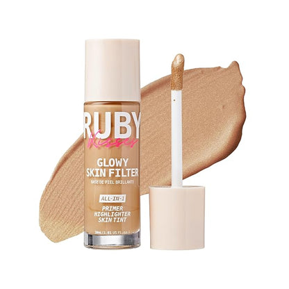 Ruby Kisses Glowy Skin Filter Foundation - All-in-1 Primer, Skin Tint & Highlighter, Hydrating Light Coverage with Squalane, Natural Dewy Finish, Luminous & Radiant Glow (Medium)