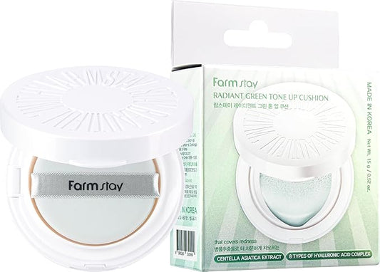 Farmstay Radiant Green Tone-Up Cushion – Hydrating, Lightweight Coverage, Even Skin Tone, Oil Control, Korean Beauty Cushion Compact for a Flawless Look 0.52oz. /15g