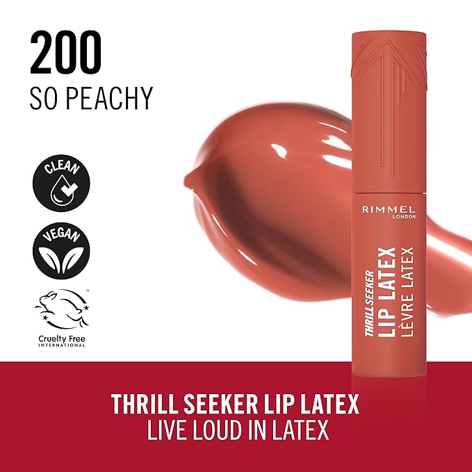 Rimmel Thrill Seeker Lip Latex, 200 So Peachy, Liquid Lipstick, Lipgloss, Lip Colour, Hyaluronic Lipstick, Lip Stain, Smooth Shine, Hydration, Hyaluronic Acid, Vitamin E, Aloe Vera, 0.2oz