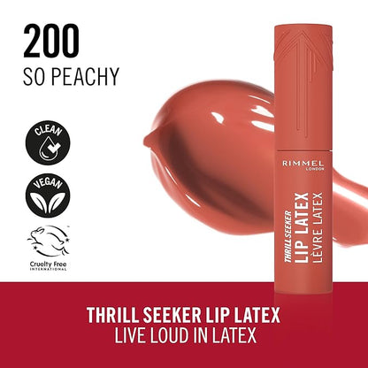 Rimmel Thrill Seeker Lip Latex, 200 So Peachy, Liquid Lipstick, Lipgloss, Lip Colour, Hyaluronic Lipstick, Lip Stain, Smooth Shine, Hydration, Hyaluronic Acid, Vitamin E, Aloe Vera, 0.2oz