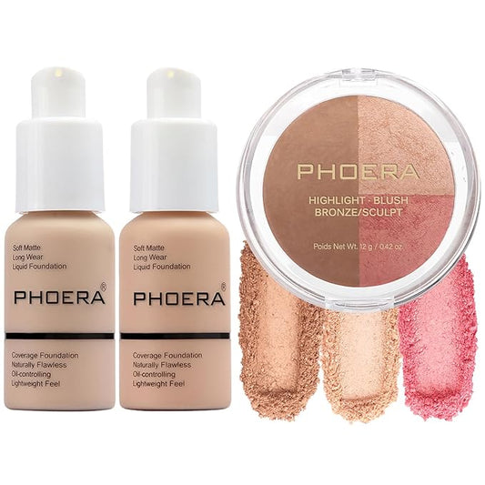 PHOERA Foundation, PHOERA Contour Palette,Shades with Highlighter & Bronzer & Blush,PHOERA Makeup Lightweight Long Lasting Wrinkles Matte Natural Finish (102+103+ #002 Contour/Nude+Warm peach+#002)