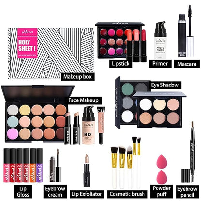 All-in-one Makeup Set Holiday Gift | Full Makeup Kit for Women Essential Starter Bundle Include Eyeshadow Palette Lipstick Blush Cream Concealer Face Powder Eyeliner Mascara Lipgloss Brush