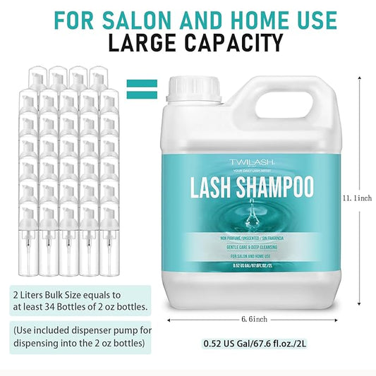 Lash Shampoo Bulk, Eyelash Cleanser for Extensions 2 Liters, Dispenser Pump, Safe Makeup Remover, Non-irritating or Burning Eyelid Foaming Cleanser for Professional Salon and Home Use (Unscented-2L)