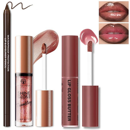 2 Color Nourishing Lip Gloss Brown Liner Combo, Hydration Plumping Glitter Lip Glow Oil Set for Women, Moisturizing Lightweight Long Lasting High Shine Lip Tint, Mini Liquid Lipstick Makeup