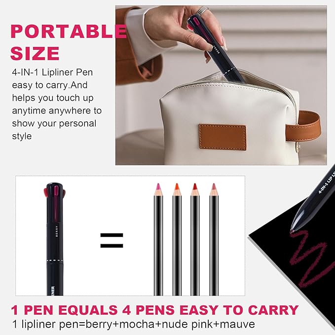 4 in 1 Makeup Pen, 2 PCS, Eye Liner, Brow Liner, Lip Liner, Highlighter Pen, Smooth to Glide, All in One Waterproof Long-Lasting Multi-function Beauty Pencil, Facial Lip Liner Makeup Pencil