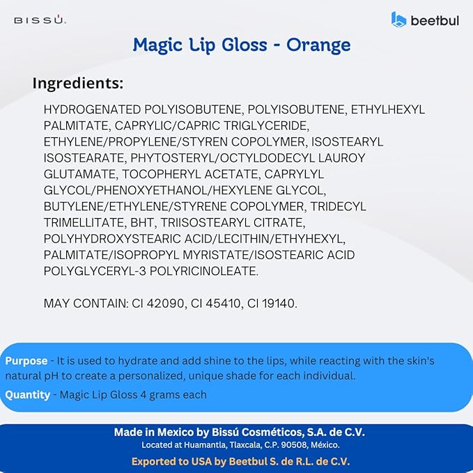 Bissú Magic Lip Gloss, 6 Fruity Scents, Moisturizing pH Reactive Gloss, with drop-shaped applicator and large size (04 Orange, 4 Grams)