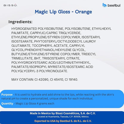 Bissú Magic Lip Gloss, 6 Fruity Scents, Moisturizing pH Reactive Gloss, with drop-shaped applicator and large size (04 Orange, 4 Grams)