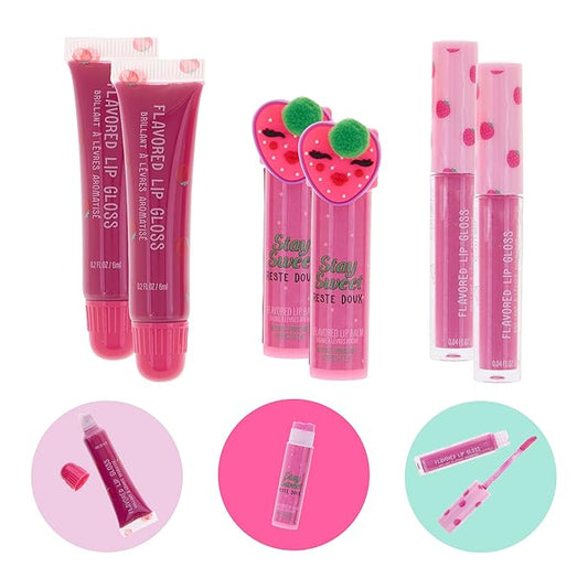 EXPRESSIONS 6pc Lip Set - Strawberry Flavored Lip Gloss & Balm Kit, Fruity Flavored for Girls | Safe and Non-Toxic Gift Set