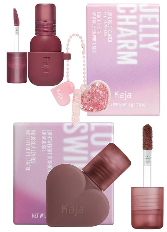 Kaja Lip & Blush Glazed Keychain Stain - Jelly Charm 04 Fig Soda + Lip Mousse - Love Swipe, 04 Swipe Right, 0.22 Oz Bundle