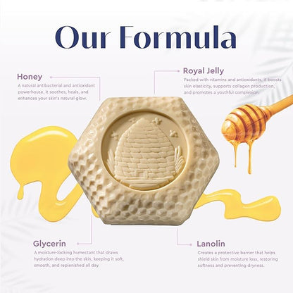 Royal Jelly Honey Soap Set - Luxurious Vegetable-Based Bars with 2% Honey, Hydrating Lanolin & Anti-aging Royal Jelly, Peach Blossom Scent - Spa Quality (Pack of 6)