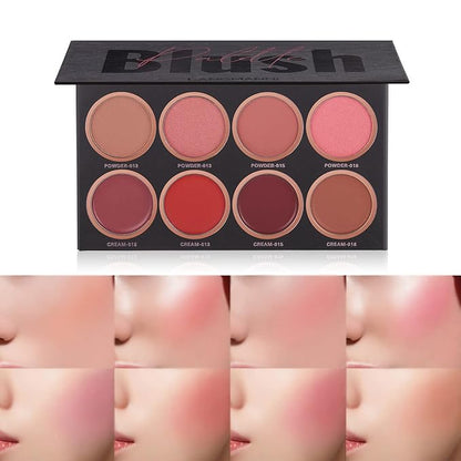 8 Colors Face Blush Palette, Matte Mineral Powder Bright Shimmer for Cheek and Eye Shadow Make-up, Contour and Highlight, Women Facial Makeup Plate