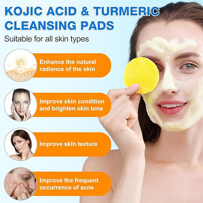 Turmeric Cleansing Pads Kojic Acid Turmeric Cleansing Pads, Face Turmeric & Kojic Acid Pads for Dark Spots, Glow Up Acne Scars, Unclog Pores, Enriched Vitamin C,Gentle & Non-Irritating