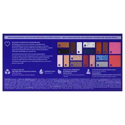 Pupa Milano Make-Up Palette L, 005 Blue, 0.71 oz - 18 Pan Eyeshadow and Blush Palette, Matte, Shimmer, Metallic Finishes - Blendable Velvety Texture Blush Powder - Talc-Free - Eco-Friendly Packaging