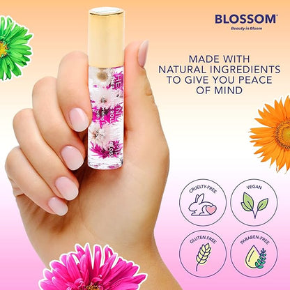 Blossom Roll on Lip Gloss, Scented Clear High Shine Moisturizing Lip Oil, Non Sticky, Infused with Real Flowers, Made in USA, 0.2oz, Strawberry Hemp