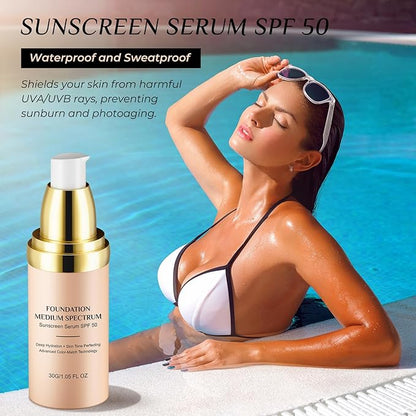 Foundation 4 in 1 - Medium Spectrum with SPF 50+, Anti-Aging, Concealer, Sun Protection, Hydrating Color Changing Foundation Makeup Liquid - Longwearing & Waterproof for Sport, Dancing (1PC, 30ml)