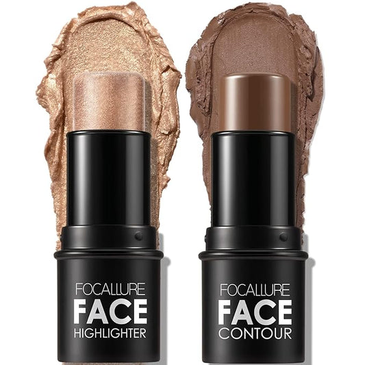 FOCALLURE 2 Pcs Mineral Cream Contour Stick,Moisturize Highlighter and Bronzer Pen,Non Stick Face Brightens & Shades Pencil,Long Lasting & Smooth Gliding Face Illuminator Makeup,Medium-deep