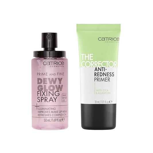 Catrice | Prime & Fine Illuminating Dewy Glow Spray & Corrector Anti-Red Primer Bundle | Full Coverage Makeup | Vegan & Cruelty Free