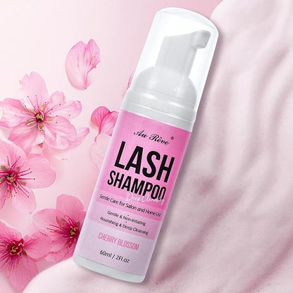 Lash Shampoo for Lash Extensions 60 Ml/2fl.oz Eyelash Extension Cleanser Oil Free Lash Cleanser for Eyelash Care, Gentle Foaming Eyelash Shampoo with Brush for Salon Home Care (Cherry Blossmom 60ml)