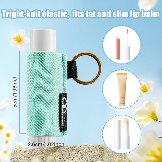 WK IEASON - Lip Balm Holder Keychain Clip On Lipstick Sleeve Chapstick Sleeve Holder Keychain Tight-Knit Elastic Lip Balm Keychain Holder (Dark blue/Alpine/Mid beige)