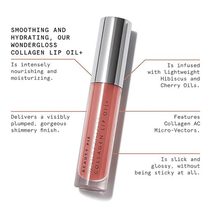 Beauty Pie Wondergloss Collagen Lip Oil + (Nude Nectar) – Hydrating, Plumping, Non-Sticky Gloss with Collagen AC Micro-Vectors & Cherry Oils
