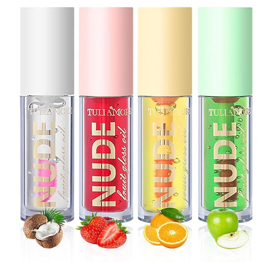 4 Pcs Fruit Color Changing Lip Gloss Lipstick Set,Temperature Color Changing Lip Oil Tinted Lip Stain Lip Balm, Long Lasting Moisturizing Lip Glow Oil for Lip Care, Coconut Strawberry Orange Apple