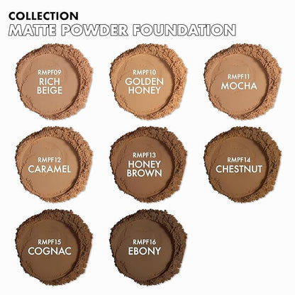 Ruby Kisses Matte Powder Foundation, Ebony, 8 Shades, Sponge & Mirror Included, Full Coverage, Versatile Pressed Powder Finisher