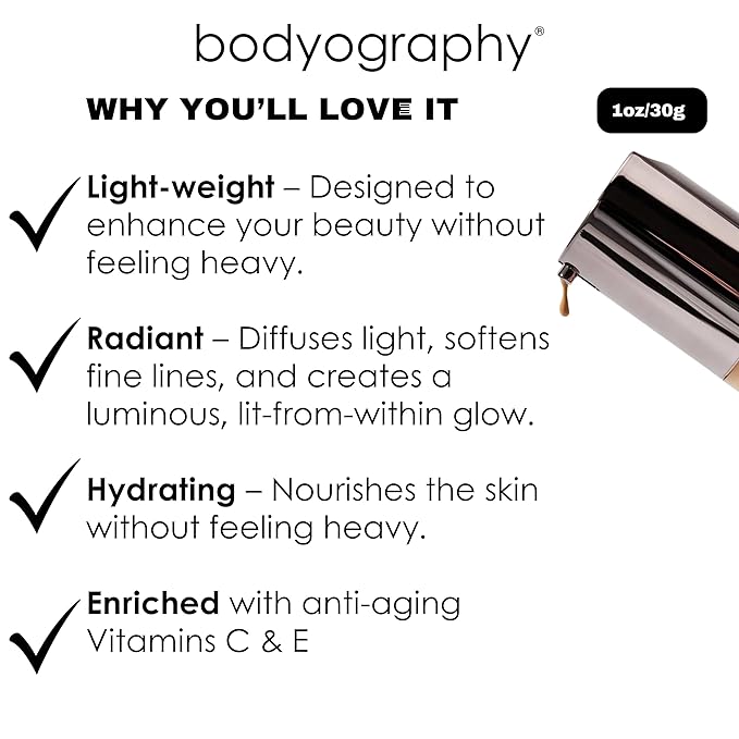 Bodyography Natural Finish Foundation - Oil-Free Anti-Aging Salon Natural Finish w/Vitamin E, C, Antioxidants (Med/Dark #220)