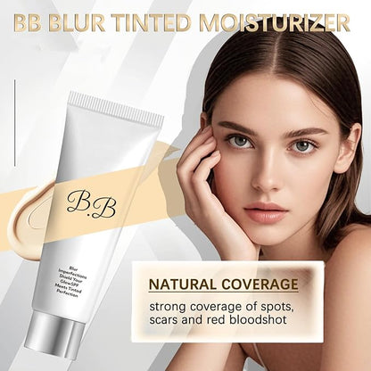 BB Blur Tinted Moisturizer SPF 30, BB Tinted Care Primerwith Brush, BB Cream Tinted Moisturizer for Woman (White, 1)