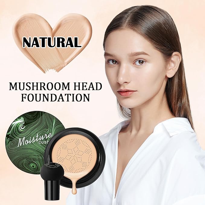 Mushroom Head Air Cushion CC Cream,Full Coverage Mushroom Head Liquid Foundation BB Cream Face Makeup,Oil Control Long Lasting Moisturizing Matte Concealer,Even Skin Tone（Natural）