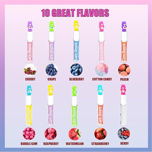 Care Bears 10 Piece Plant Based Lip Gloss, Girls Party Favors, First Makeup Set for Girl, Perfect for Parties, Sleepovers, and Birthday Gifts, Ages 3+, by Townley Girl