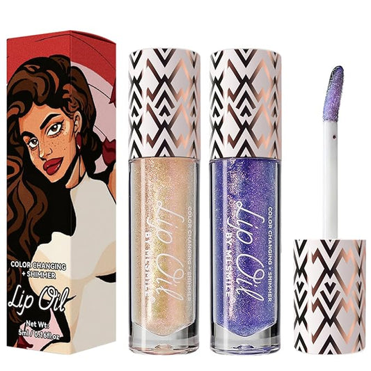 2 Colors Boss Up Color Changing Lip Oil, Shimmering Temperature Color Changing Lip Gloss Tinted Lip Stain, Long Lasting Nourishing Moisturizing Lip Glow Oil for Lip Care and Dry Lips (01#&03#)