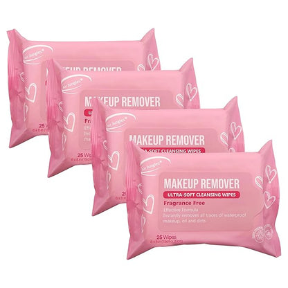 Air Jungles Makeup Remover Wipes 25 Count (Pack of 4), Extra Large 6" x 8", Fragrance-Free, Removes Makeup and Oil, Soft Cleansing Wipes, Alcohol Free