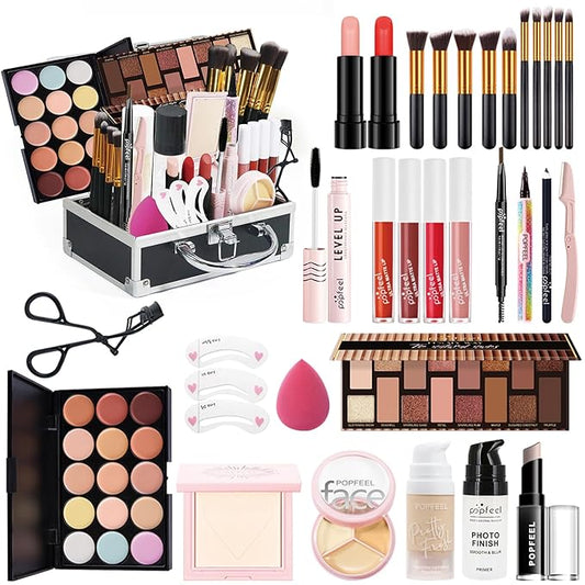 All in One Makeup Kits for Women Girls Holiday Make-up Gift Sets Xmas Essential Bundle Include Eyeshadow Palette Lipstick Blush Concealer Eyeliner Mascara Foundation Brush Eyebrow Pencil