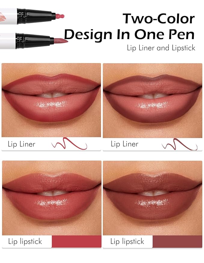 Double-headed Lip Liner Stain Long Lasting Waterproof 2 Colors Liquid Lip Liner Pencil Marker High Pigmented Smooth Application Precise Pen-Like & Chisel Tip Hydrating Lipstick for Women, 06