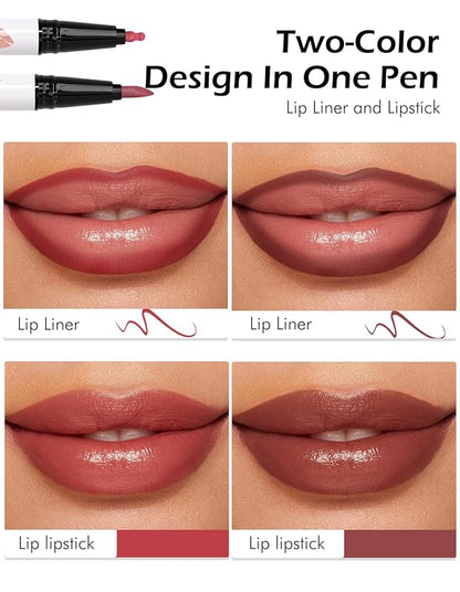 Double-headed Lip Liner Stain Long Lasting Waterproof 2 Colors Liquid Lip Liner Pencil Marker High Pigmented Smooth Application Precise Pen-Like & Chisel Tip Hydrating Lipstick for Women, 06